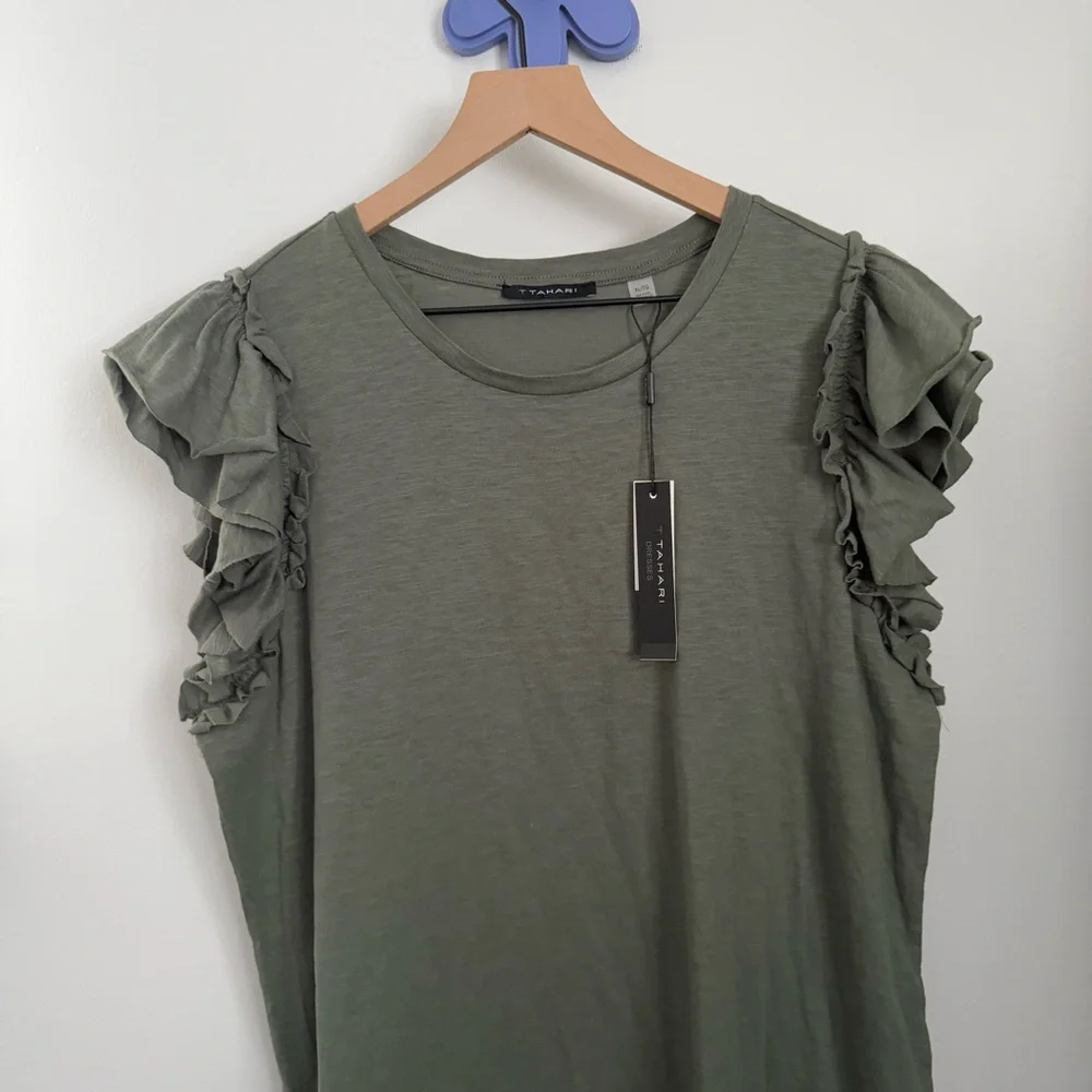 Tahari XL NEW Ruffle Sleeveless Cotton Dress Olive Green Pima Cotton Resort - Picture 4 of 6